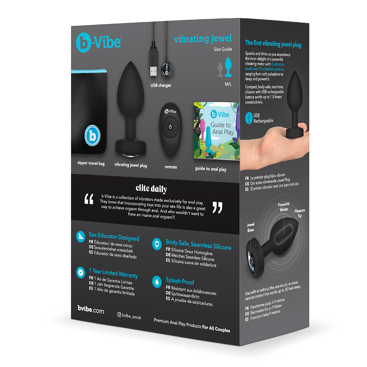 b-Vibe Вибрирующая втулка Vibrating Jewel Plug M/L черного цвета