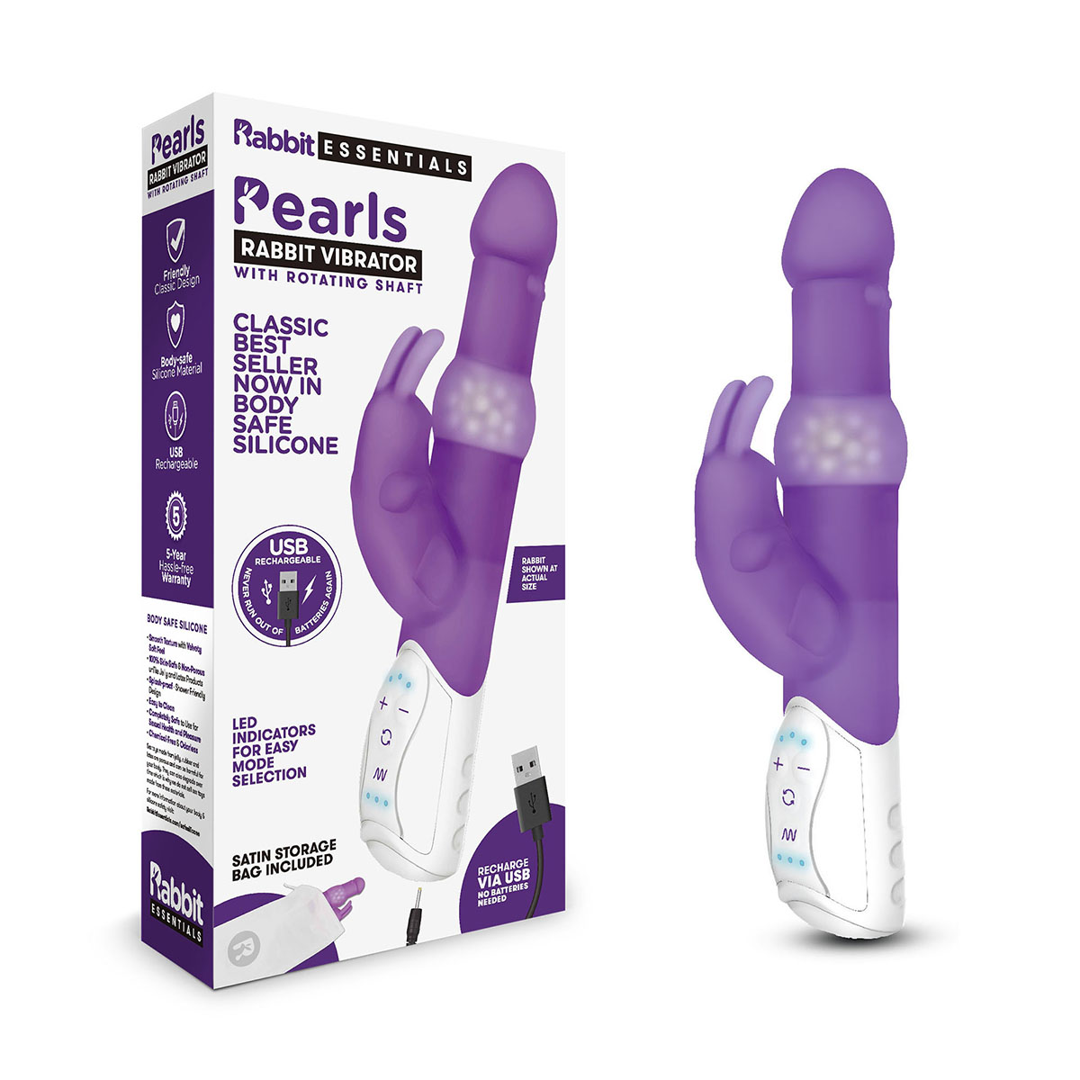 Rabbit Essentials Яркий вибратор с вращающимися бусинами PLEASURE PEARLS RABBIT фиолетовый
