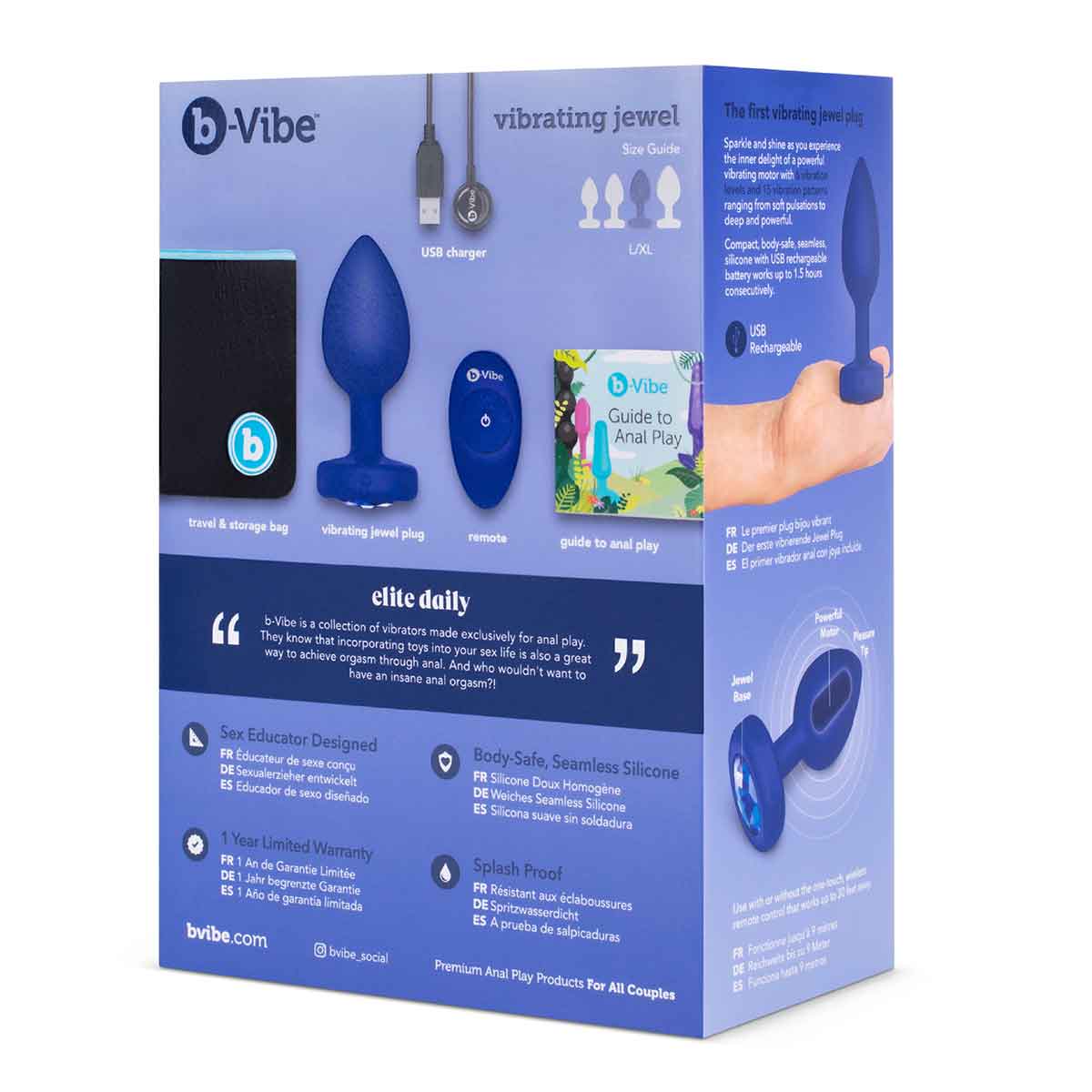 b-Vibe Вибрирующая втулка Vibrating Jewel Plug L/XL цвета синий сапфир