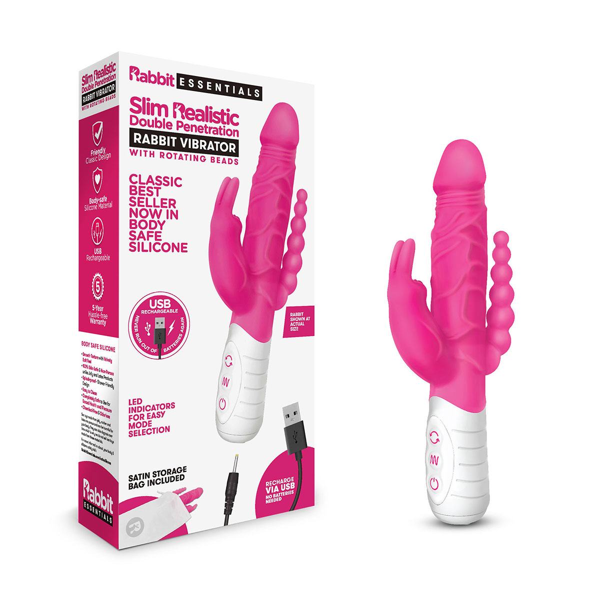 Rabbit Essentials Тонкий кролик-реалистик с двойным проникновением SLIM DOUBLE PENETRATION розовый
