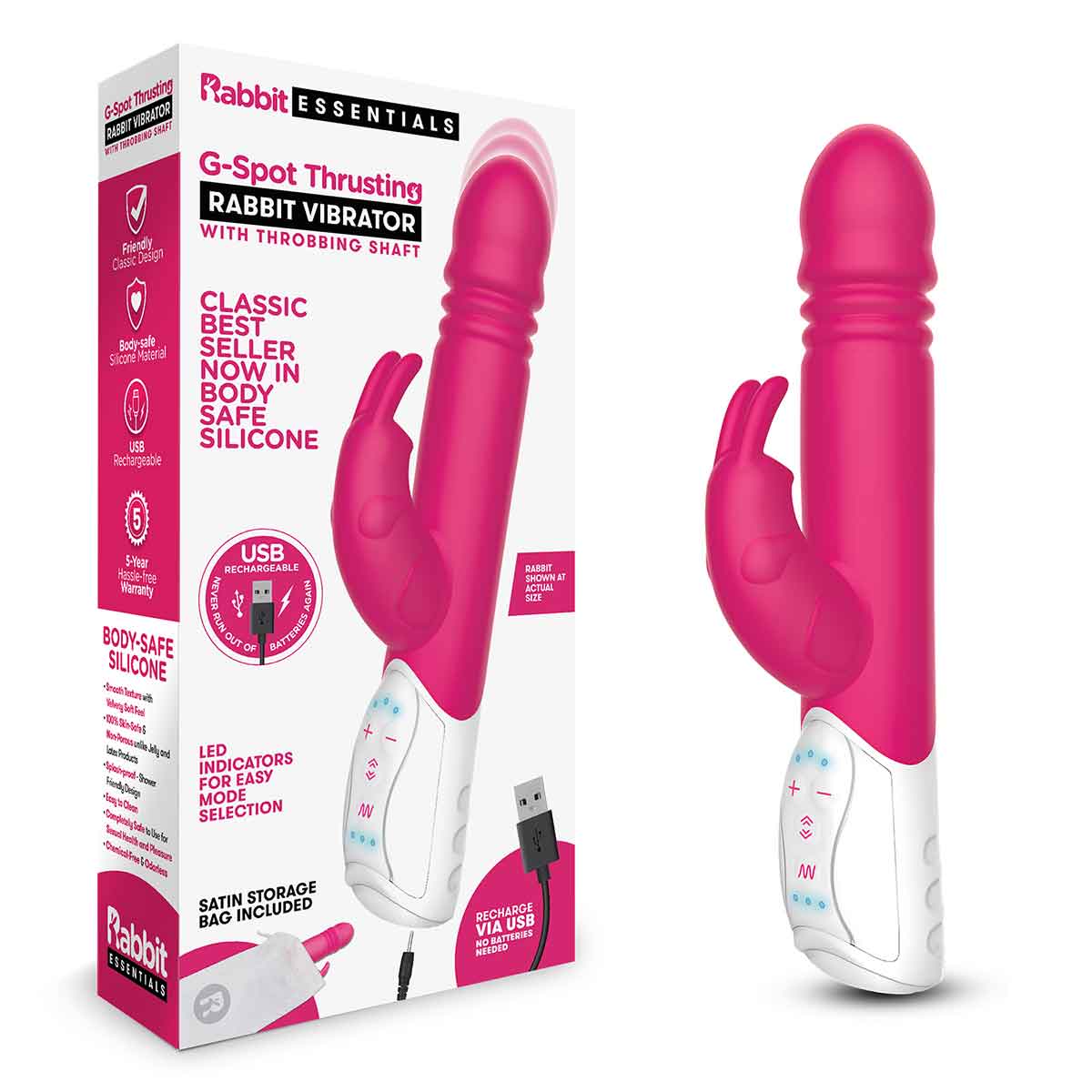 Rabbit Essentials Пульсирующий розовый вибромассажер с двумя виброэлементами G-SPOT THRUSTING RABBIT