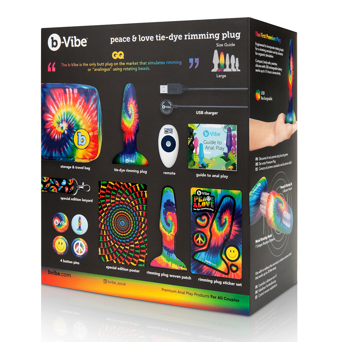 b-Vibe Анальная премиум-пробка с эффектом римминга в наборе PEACE & LOVE TIE-DYE