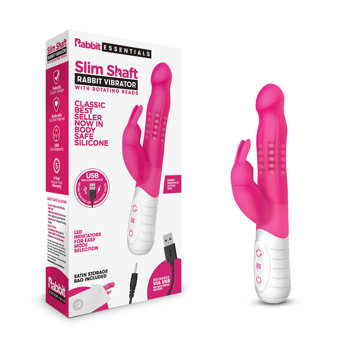 Rabbit Essentials Тонкий кролик-вибратор SLIM SHAFT RABBIT розовый