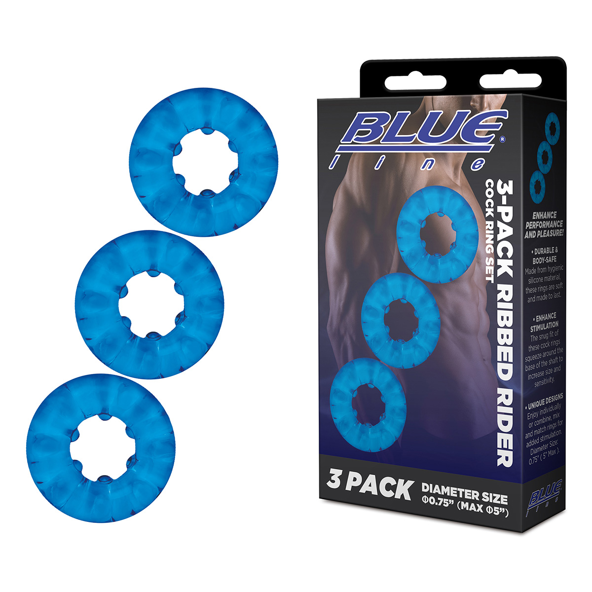 BlueLine Комплект из трех колец для эрекции 3-Pack Ribbed Rider Cock Ring Set