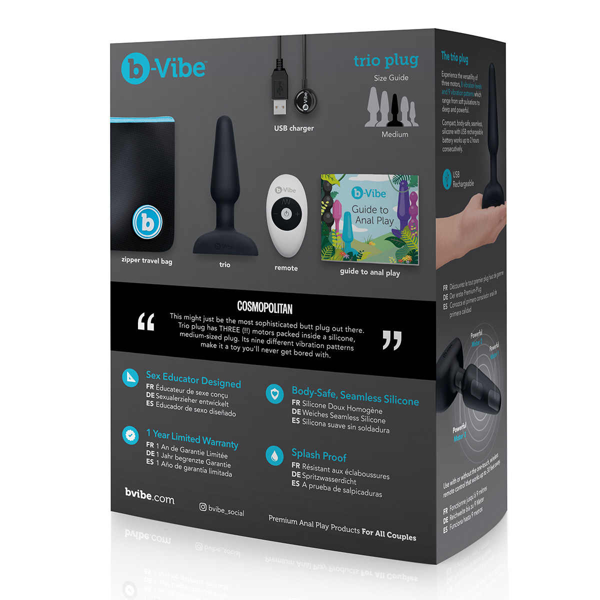 b-Vibe Анальная черная премиум-пробка с 3 моторами b-Vibe Trio Plug