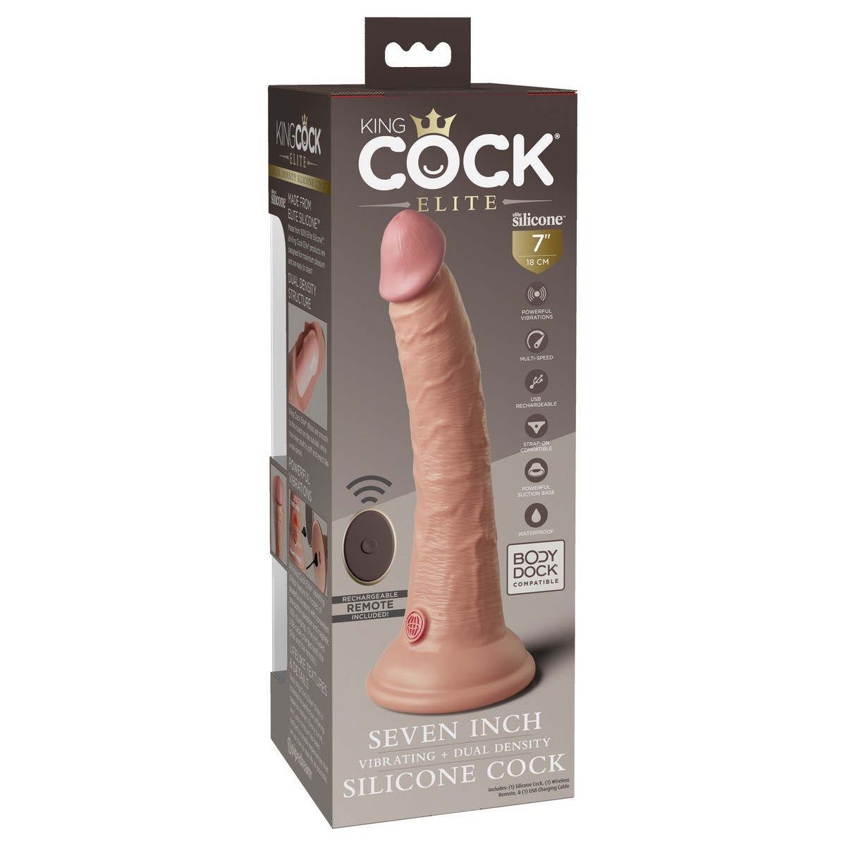 Вибромассажер-реалистик на присоске с двойной плотностью King Cock Elite 7 с пультом