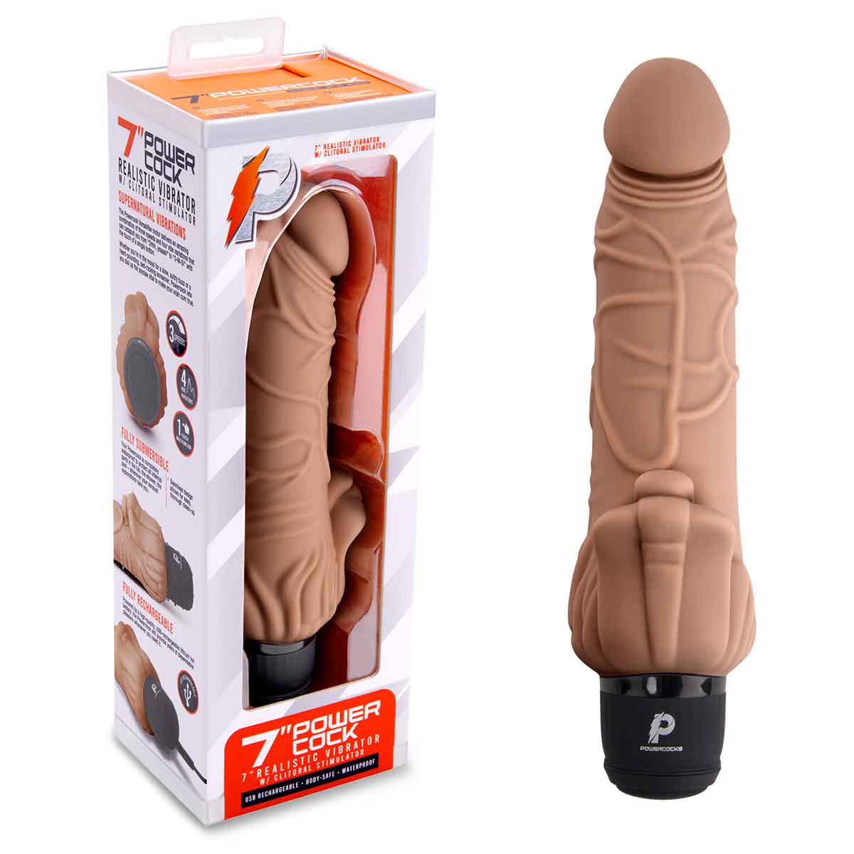 PowerCocks Реалистичный вибратор цвет мокка с клиторальным стимулятором 7" Realistic Vibrator