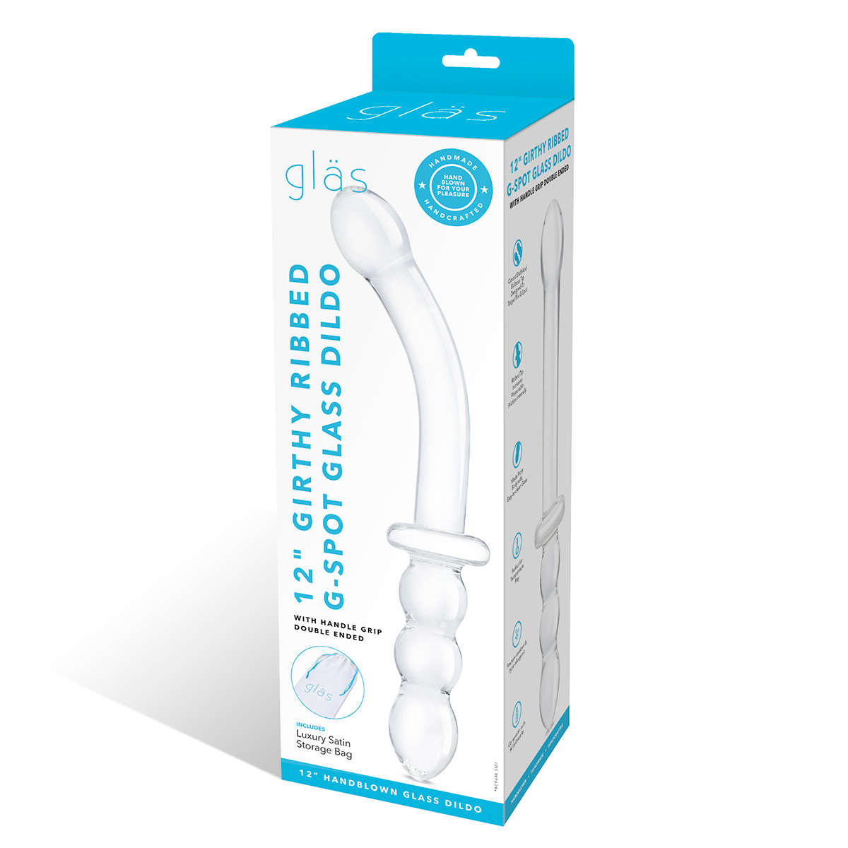 Glas Фаллоимитатор двусторонний 12 in Girthy Ribbed G-Spot Glass Dildo With Handle Grip Double Ended