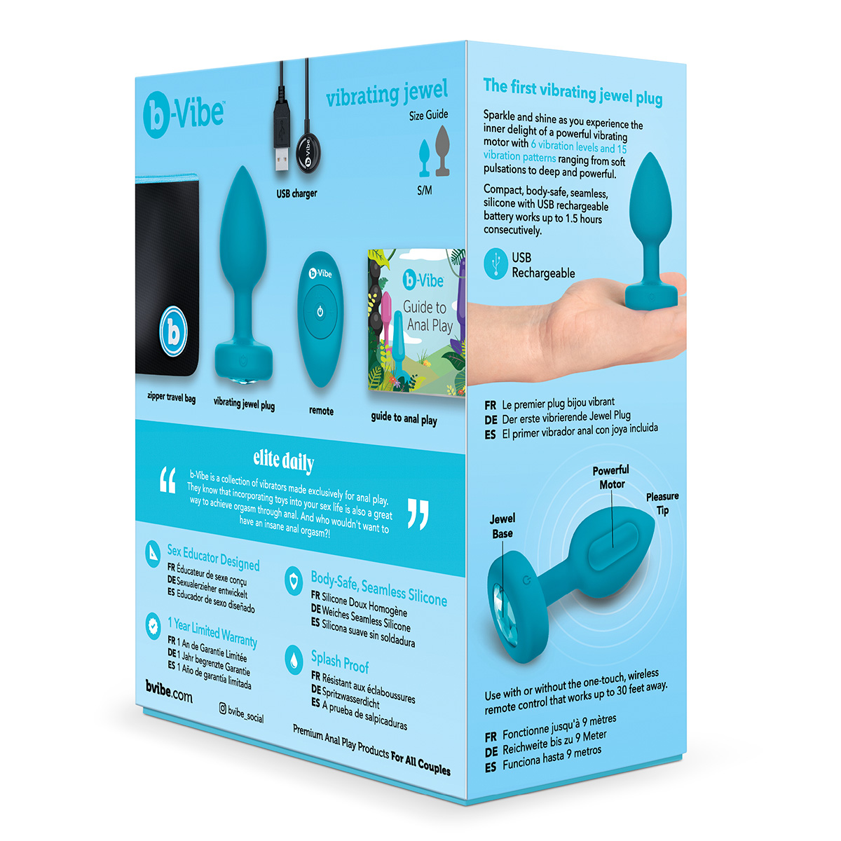 b-Vibe Вибрирующая втулка Vibrating Jewel Plug S/M бирюзового цвета