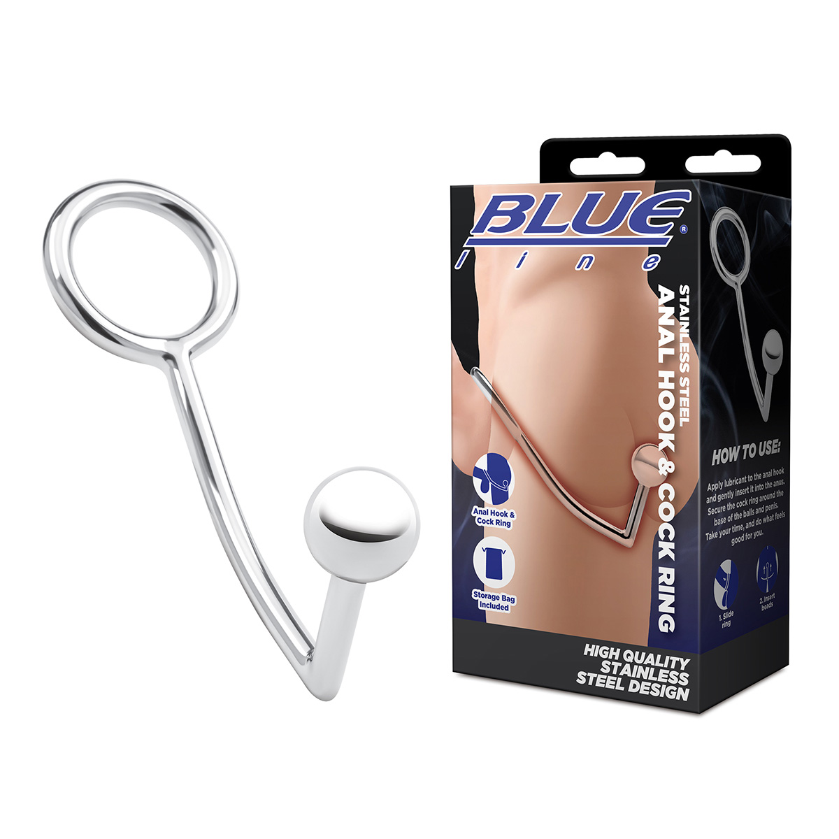 BlueLine Кольцо на пенис с анальным щаром Stainless Steel Anal Hook & Cock Ring