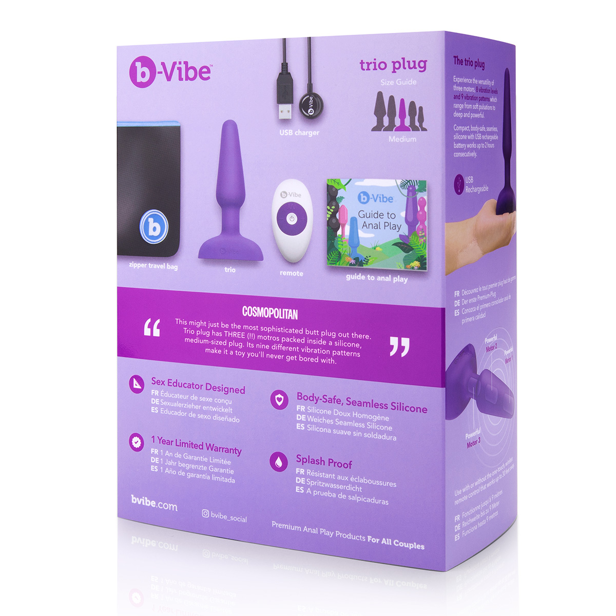 b-Vibe Анальная фиолетовая премиум-пробка с 3 моторами b-Vibe Trio Plug