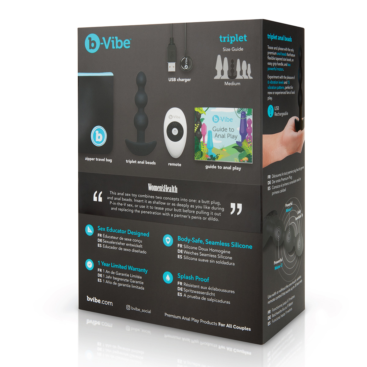 b-Vibe Анальные черные премиум-бусы с 2 моторами b-Vibe Triplet Anal Beads