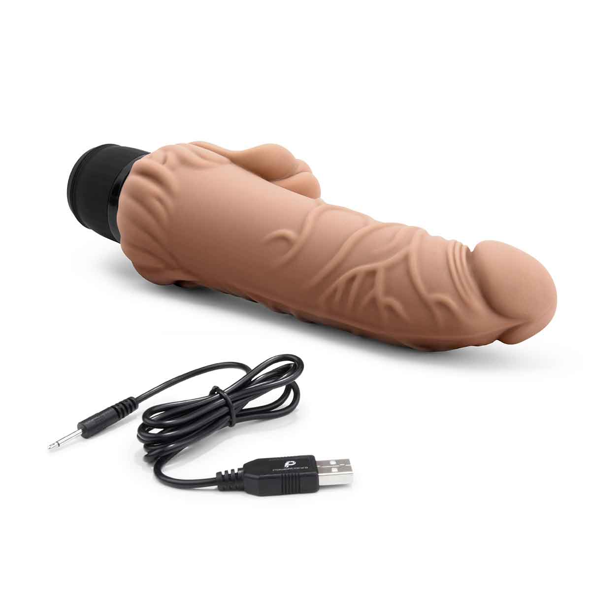 PowerCocks Реалистичный вибратор цвет мокка с клиторальным стимулятором 7" Realistic Vibrator