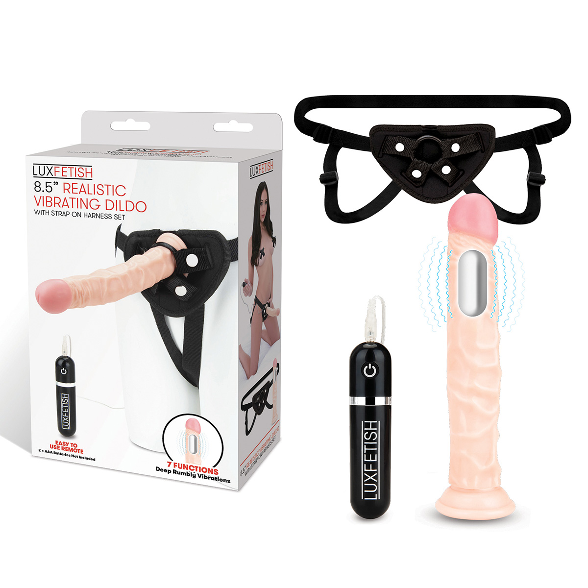 Lux Fetish Вибрирующий фаллоимитатор 21 см со страпоном в наборе