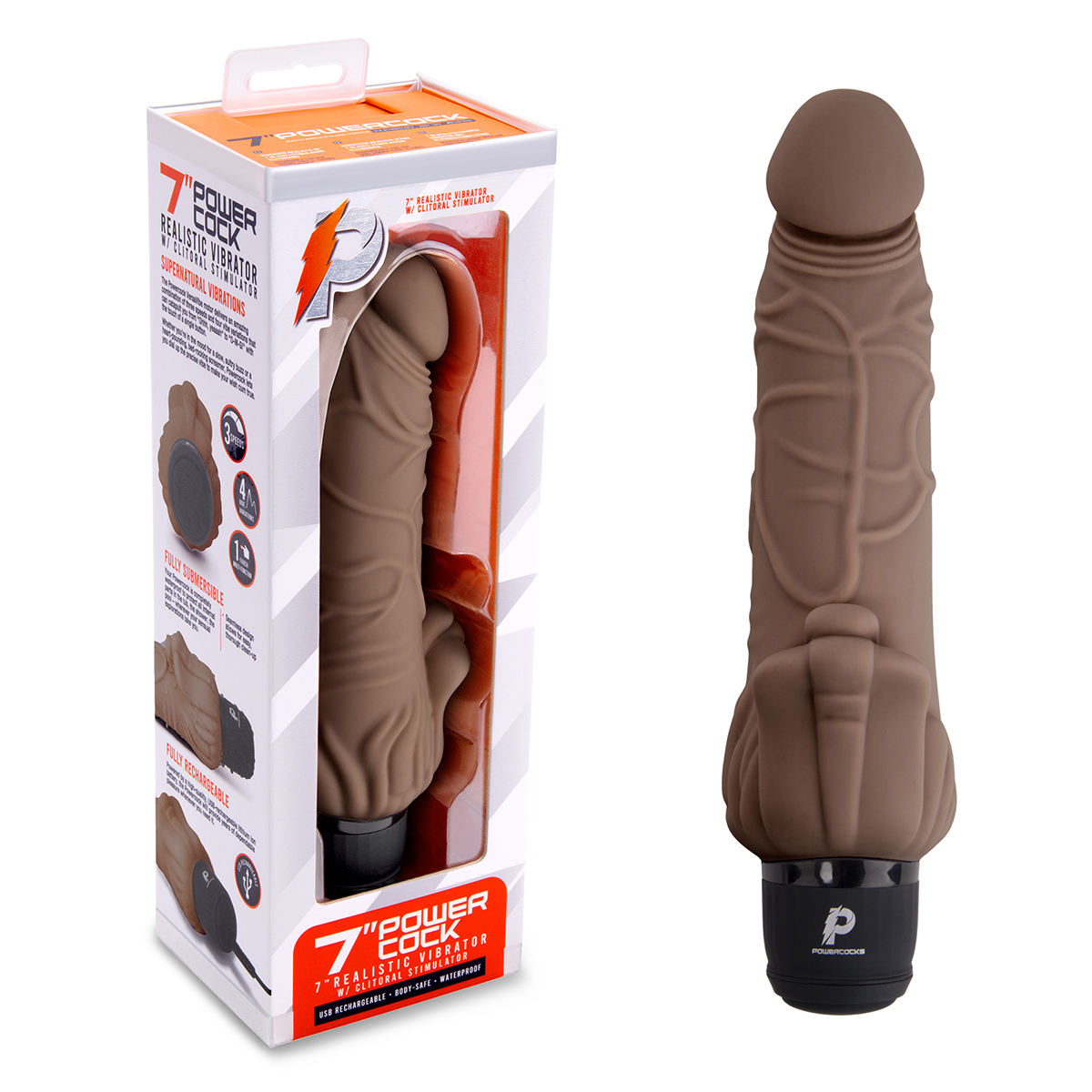 PowerCocks Реалистичный коричневый вибратор с клиторальным стимулятором 7" Realistic Vibrator