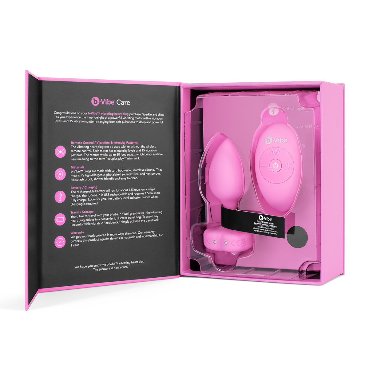 b-Vibe Анальный розовый плаг с кристаллом-сердцем VIBRATING HEART SHAPE JEWEL PLUG S/M