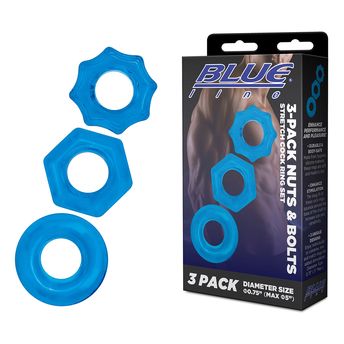 BlueLine Комплект из трех колец для эрекции 3-Pack Nuts & Bolts Stretch Cock Ring Set