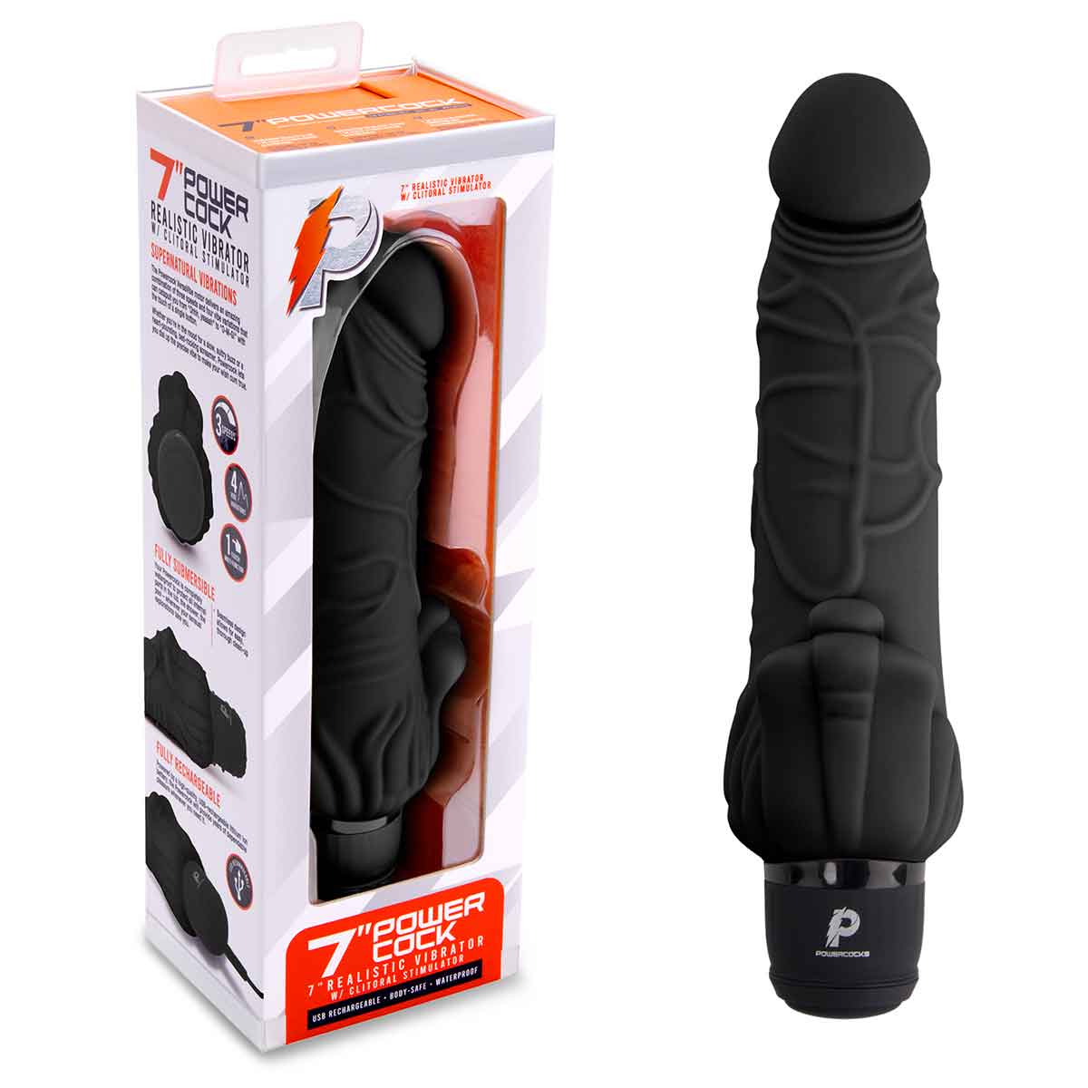 PowerCocks Реалистичный черный вибратор с клиторальным стимулятором 7" Realistic Vibrator