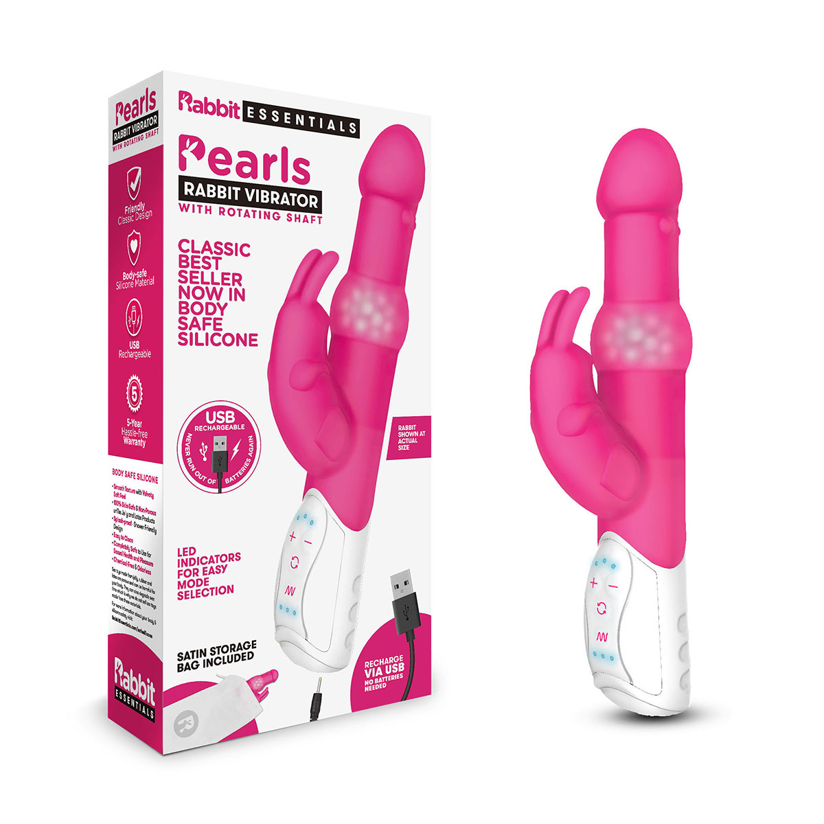 Rabbit Essentials Яркий вибратор с вращающимися бусинами PLEASURE PEARLS RABBIT розовый