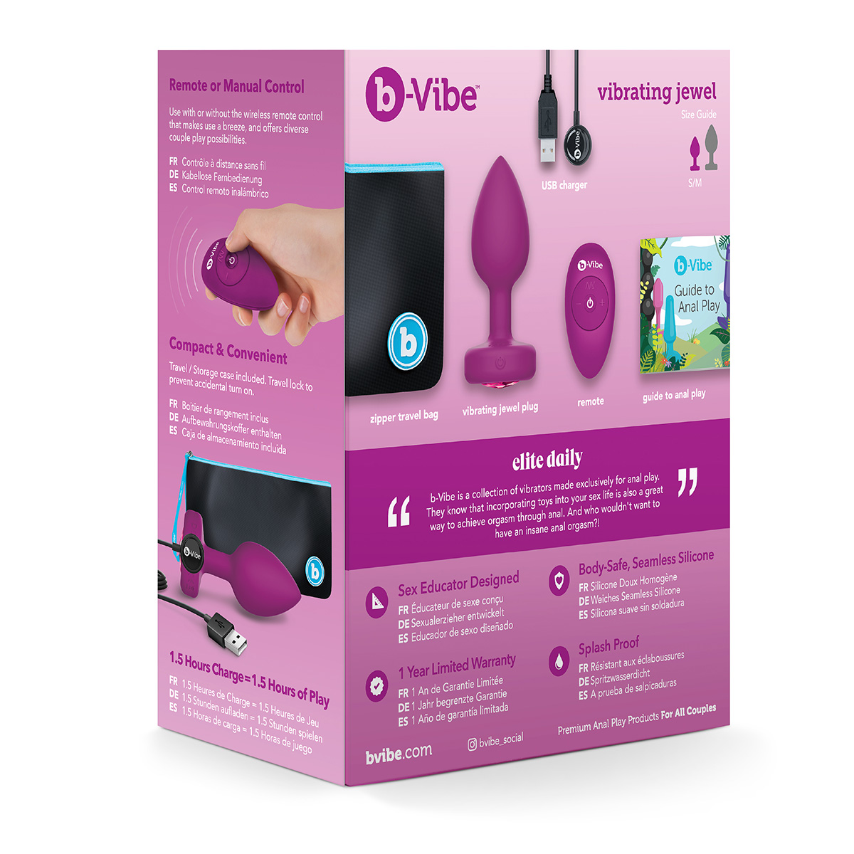 b-Vibe Вибрирующая втулка Vibrating Jewel Plug S/M цвета фуксии